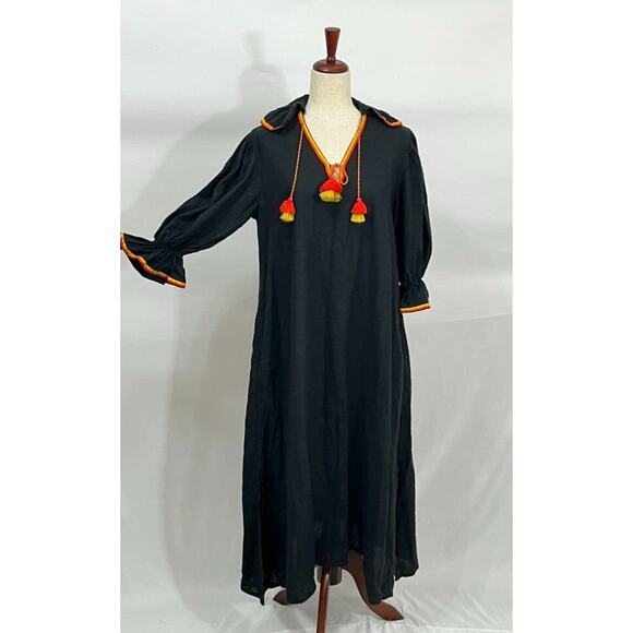 ELEVEN March 11 Sz S Small Black Linen Orange Yellow Trim Tassels Midi Dress - Picture 7 of 10